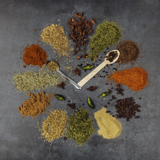 Spices, Clock, aniseed (Pimpinella anisum), black pepper (Piper nigrum), Paprika (Capsicum), common