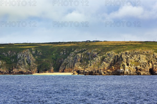 Cliffs and Pedn Vounder beach, coastline at Treen, St Levan, Penwith, Cornwall, England, United