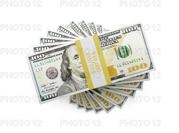 Overhead of one hundred thousand dollars spiralling stacks of one hundred dollar bills isolated on