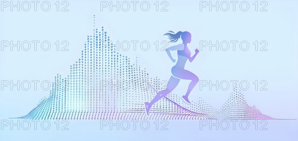 Illustration of a wave of data points shaping into a female runner silhouette, purple pastel hues,
