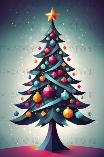 Abstract Christmas tree illustration with vibrant colors and geometric shapes, AI generated
