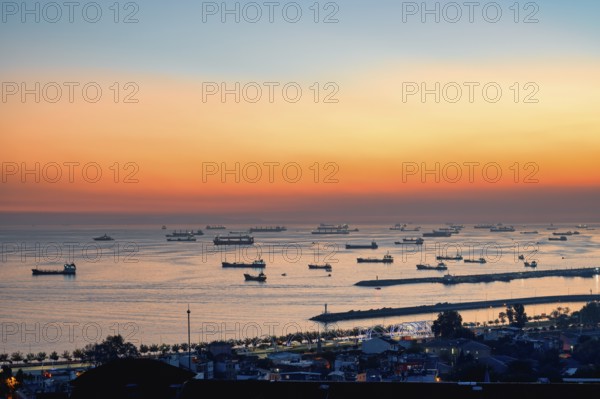 Boats anchored in the Marmara Sea at sunset, Istanbul, Turkey, Asia