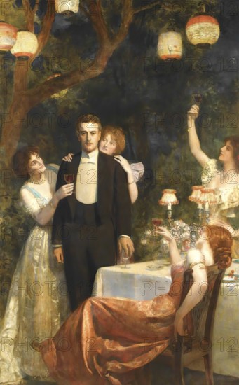 A man in a suit is surrounded by woman celebrating at a dinner with lanterns. The garden of Armida,