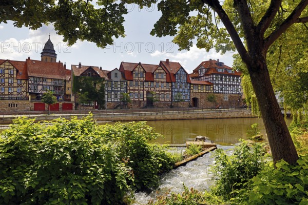 Town view with half-timbered houses and the river Fulda, Hann. Münden or Hannoversch Münden, Lower