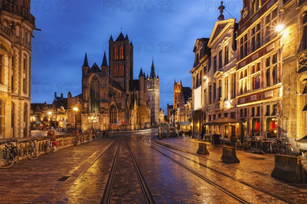 Sint-Niklaaskerk and Belfry of Ghent. Sint-Michielshelling street. Ghent, Belgium, Europe