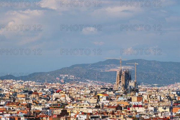 Barcelona, Spain, April 16, 2019: Aerial view of Barcelona city with famous Sagrada Familia