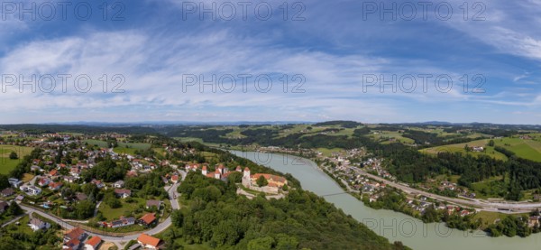 Drone shot, Neuburg am Inn Castle with view to Wenstein am Inn, Neuburg am Inn, Lower Bavaria,