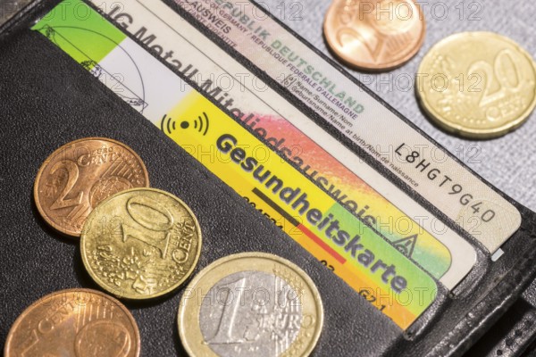 Health card, AOK insurance card, wallet, cards, money, coins, euro, cent, Germany, Europe