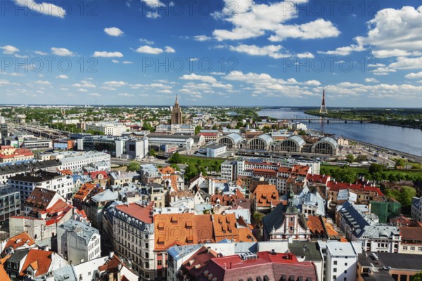 Aerial view of Riga center from St. Peter's Church, Riga, Latvia, Europe