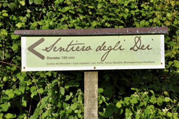 Sign for Sentiero degli dei, Path of the Gods, trail in Agerola, Amalfi Coast, Campania, Italy,
