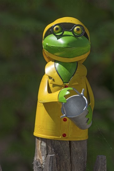 Tin toy, decoration, frog with glasses on a garden fence, Mecklenburg, Western Pomerania, Germany,