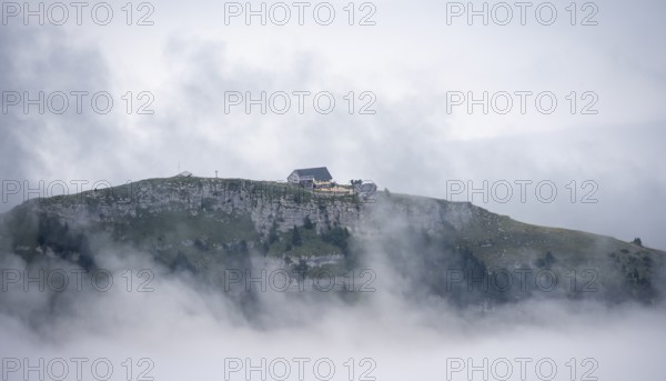 Schäfler, mountain hut in high fog, Appenzell Ausserrhoden, Appenzell Alps, Switzerland, Europe