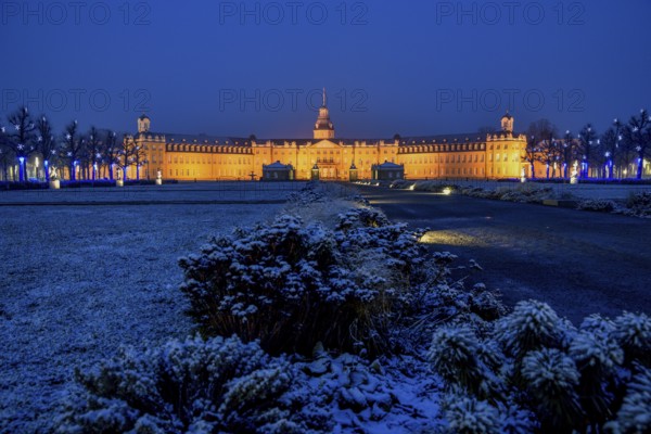 Karlsruhe castle with snow, front view, blue hour, Karlsruhe, Baden-Württemberg, Germany, Europe
