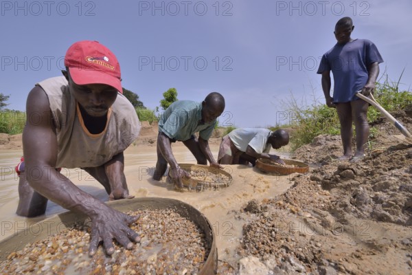 Diamond hunters searching for diamonds in a mine with sieves and shovels, near Koidu, Koidu-Sefadu,