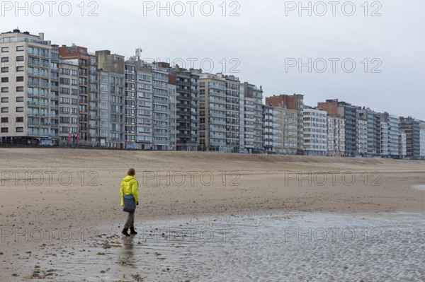 High-rise buildings, woman, beach, Westende, Middelkerke, Belgium, Europe