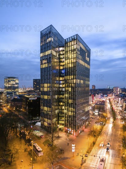 Aerial view Dancing Towers at blue hour with Reeperbahn, St. Pauli, Hamburg, Germany, Europe
