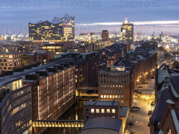 Aerial view of historic brick architecture of Hamburg's Speicherstadt warehouse district on Sankt