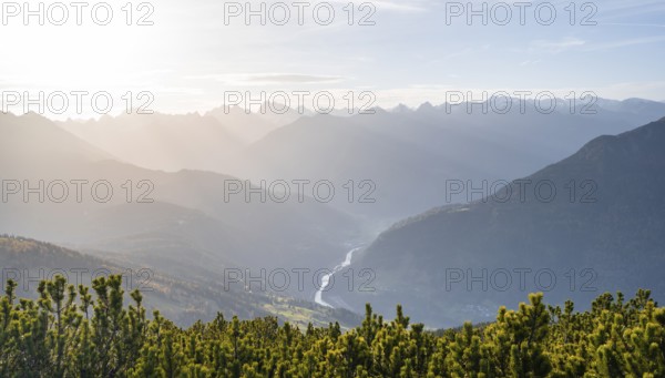 View of mountain panorama into the Upper Inn Valley in the morning light, Krahberg on the Venet,