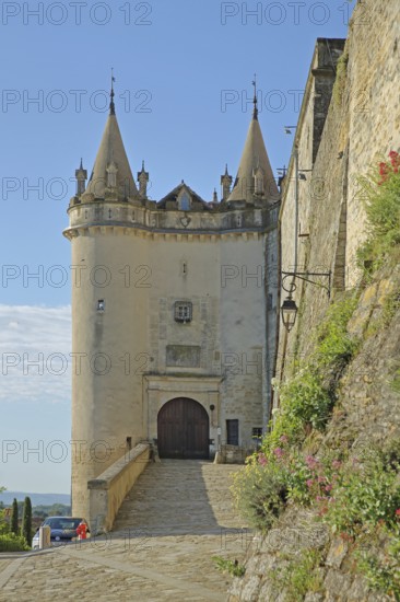 Historic twin towers with ramparts at the entrance to the castle, town fortifications, Grignan,