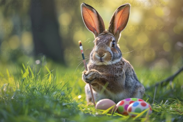 A humanised young hare holds a paintbrush in its paw and paints Easter eggs in a meadow, AI