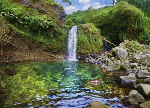Cascading waterfall flowing into a clear green pool surrounded by rocks and vegetation, Poca da