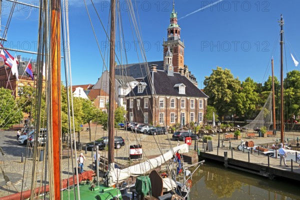 Traditional ships, Alte Waage, town hall, old town, museum harbour, Leer, East Frisia, Germany,