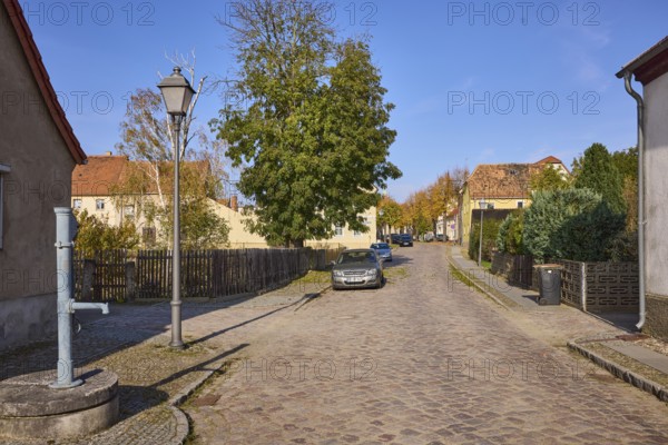 Cobbled street, lantern, historic public hand pump, residential buildings and trees, cloudless blue