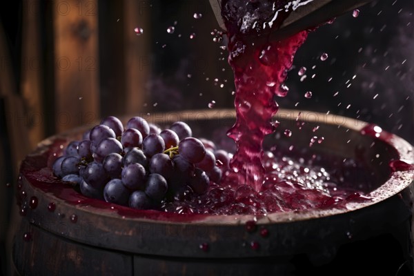 Grape cluster mid crush in a traditional wine press with dynamic flow of juice, AI generated