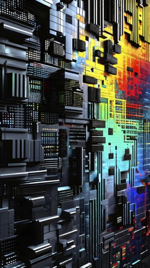 Abstract 3d pixel art technology themed pattern featuring random mosaic in vibrant hues, AI