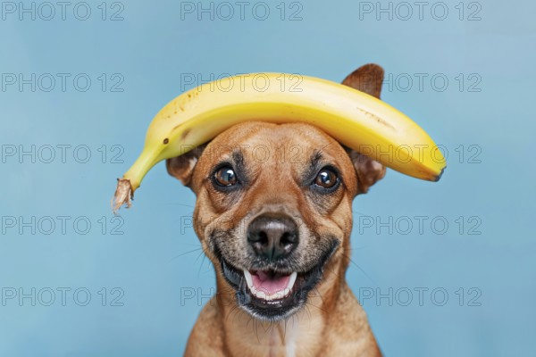 Funny dog with banana fruit on head in front of blue studio background. Generative AI, AI generated