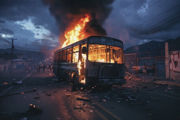 Fictitious street scene, a burning bus, chaos, anarchy, escalation of violence, civil war-like
