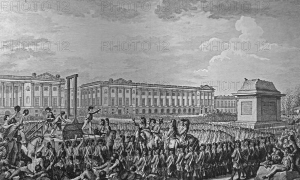 Execution by guillotine in 1793 of Louis Capet, Louis XVI, last king of France at the Place de la