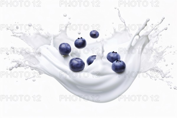 White milk or yogurt splash with blueberry fruits. KI generiert, generiert, AI generated