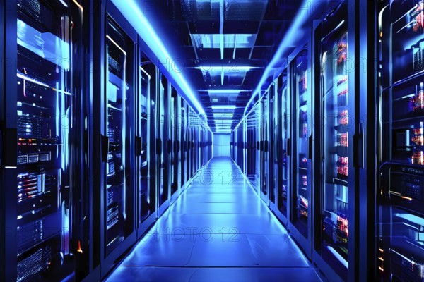 Modern server room teeming with racks of servers, AI generated