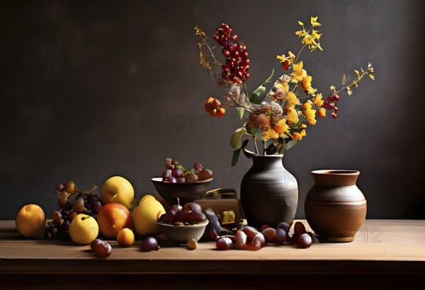 Still life scene of a simple wooden table with a vase of dried flowers, a few ceramic bowls, and