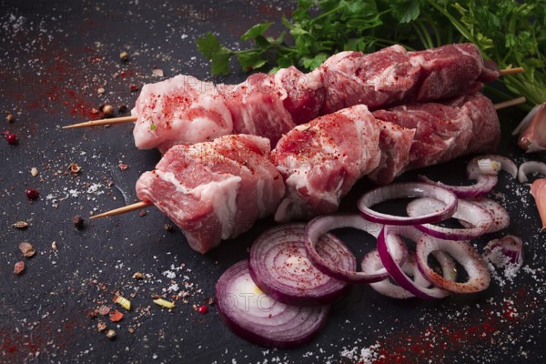 Raw pork meat, pickled kebab, with spices, top view, no people