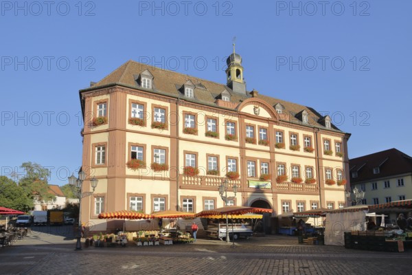 Baroque town hall on the market square and market stalls in Neustadt an der Weinstraße,