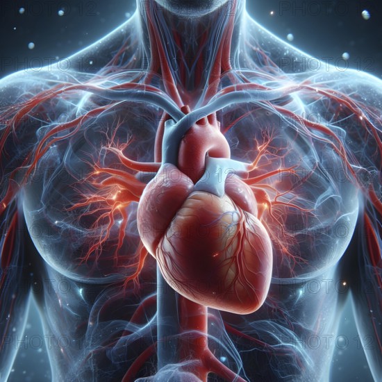 Human heart and blood vessels with nerves. Ai Generated