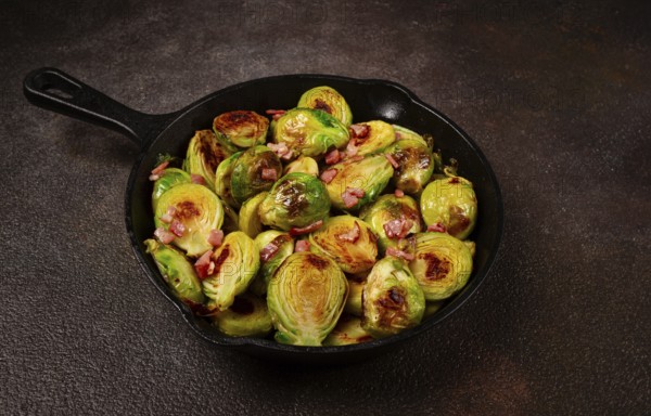 Roasted brussels sprouts, with bacon, vegetarian food, homemade, no people