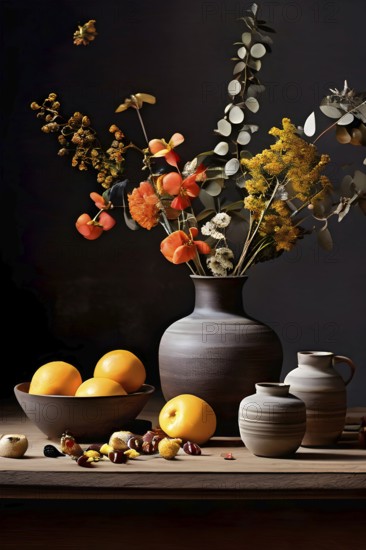 Still life scene of a simple wooden table with a vase of dried flowers, a few ceramic bowls, and