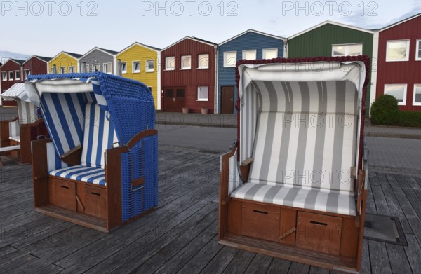 Beach chairs in front of the lobster shacks in Heligoland, Schleswig-Holstein, Germany, Europe