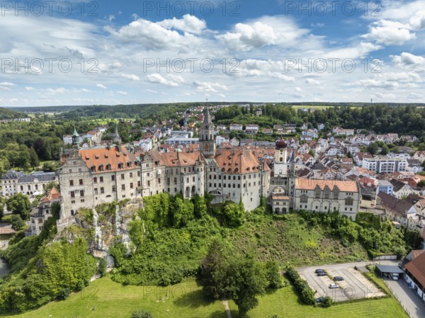 Aerial view of Hohenzollern Castle above the old town, Sigmaringen district, Swabian Alb,