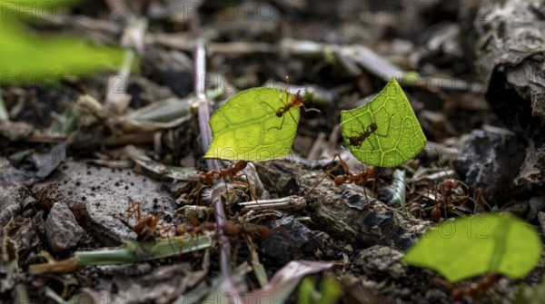 Leafcutter ants carrying leaves, ant trail, Tortuguero National Park, Costa Rica, Central America