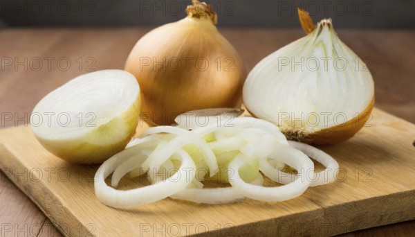Vegetables, onion, Allium cepa, freshly sliced onion rings and finely chopped onion on a wooden