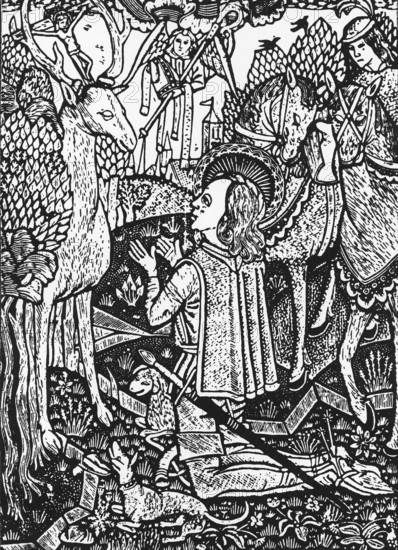 St Hubert of Liège in front of the stag with Christ on its antlers