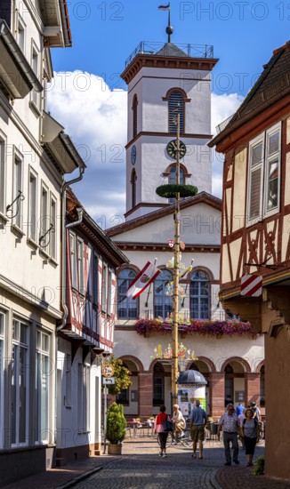 Half-timbered houses and the town hall tower in the old town centre, Seligenstadt, Hesse, Germany,