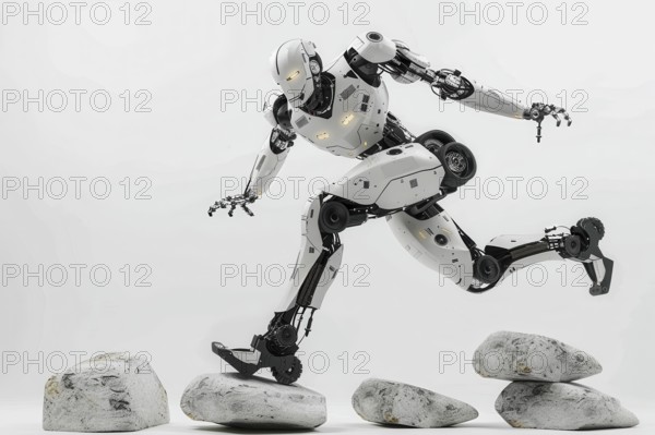 Futuristic humanoid cyborg running and jumping over rocks in front of a white background, AI