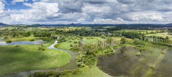Aerial view, panorama of the Radolfzeller Aachried with the Radolfzeller Aach at high water, on the