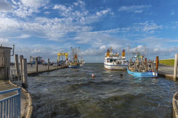 Ferry harbour Strucklahnungshörn, peninsula Nordstrand, fishing cutter, excursion boat, ferry dock,