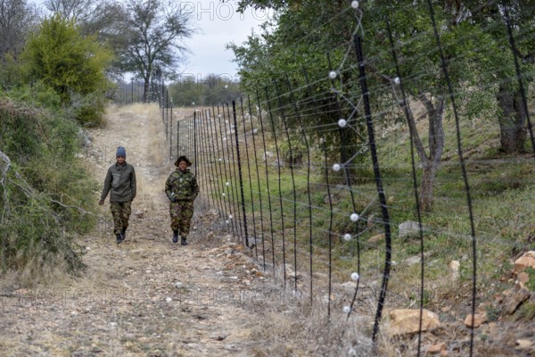 Rangers from the Black Mambas Anti-Poacher Unit patrolling the game fence, Balule Game Reserve,